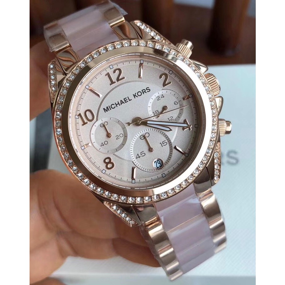 Michael Kors手錶 MK手錶 MK5943 大直徑手錶女 玫瑰金粉色間膠三眼日曆石英錶 時尚潮流女錶 精品錶-細節圖3