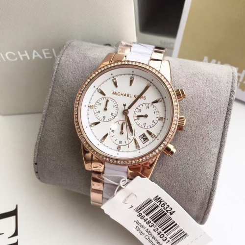 Michael kors手錶 MK手錶 大直徑手錶 玫瑰金間膠白色陶瓷鑲鑽三眼計時日曆防水女錶MK6307 MK6324