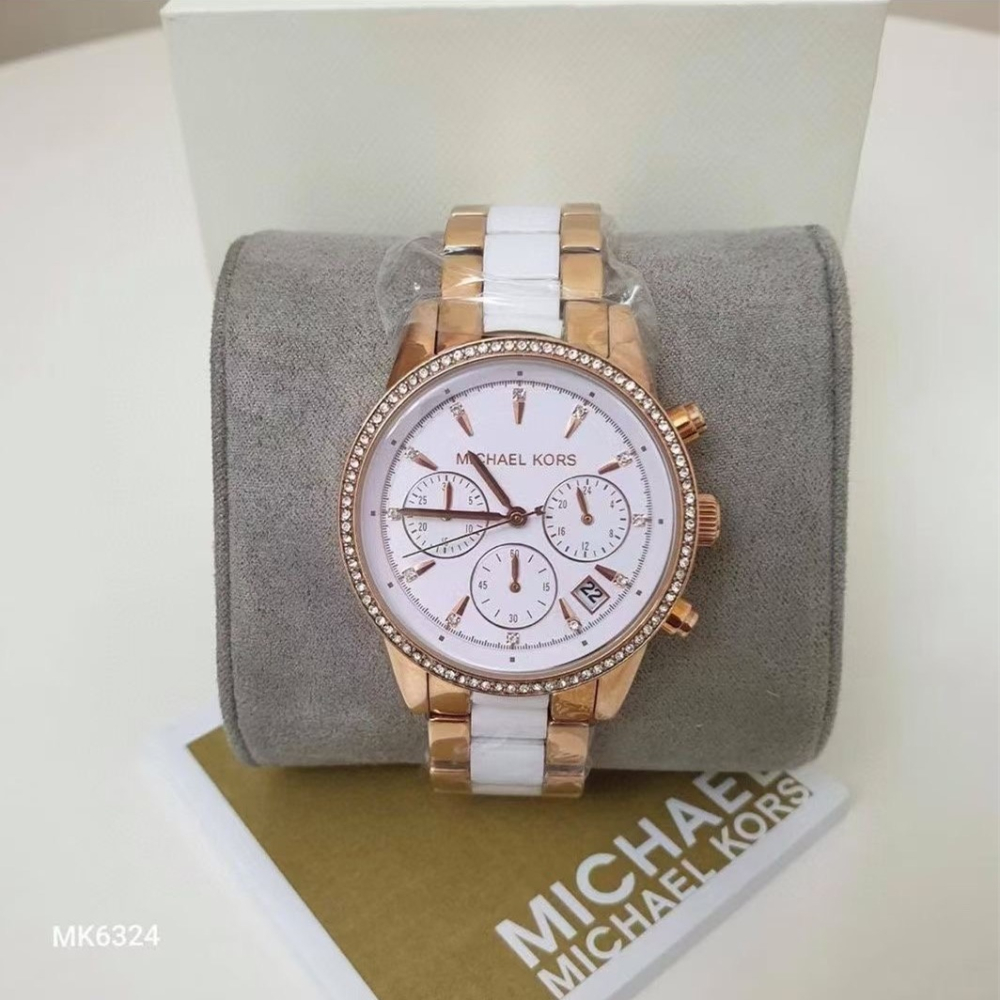 Michael kors手錶 MK手錶 大直徑手錶 玫瑰金間膠白色陶瓷鑲鑽三眼計時日曆防水女錶MK6307 MK6324-細節圖3