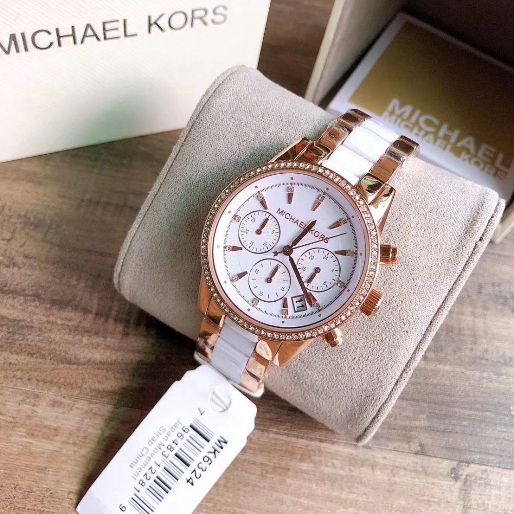 Michael kors手錶 MK手錶 大直徑手錶 玫瑰金間膠白色陶瓷鑲鑽三眼計時日曆防水女錶MK6307 MK6324-細節圖5