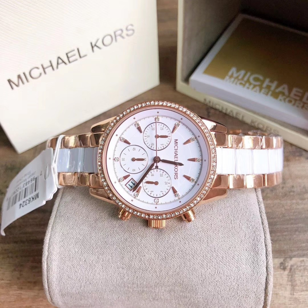 Michael kors手錶 MK手錶 大直徑手錶 玫瑰金間膠白色陶瓷鑲鑽三眼計時日曆防水女錶MK6307 MK6324-細節圖6