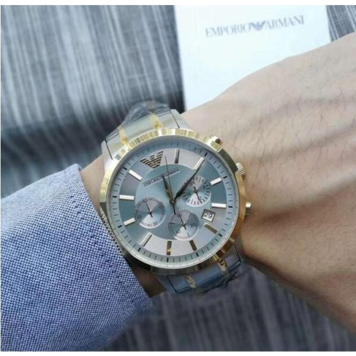ARMANI手錶 阿曼尼手錶 大直徑男錶 新品玫瑰金間不鏽鋼帶三眼計時商務休閒男士腕錶AR11077 AR11076