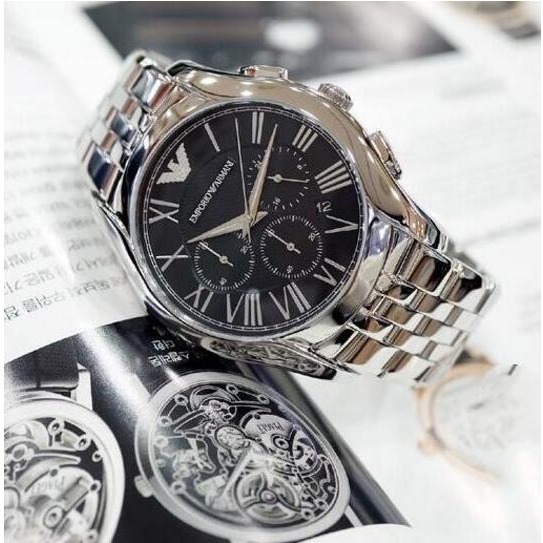 Armani手錶 阿瑪尼手錶男 阿曼尼手錶 AR男士商務休閒腕錶 計時防水不鏽鋼鏈銀色黑面三眼計時日曆男錶AR1786-細節圖3