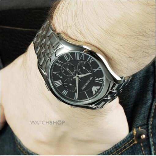 Armani手錶 阿瑪尼手錶男 阿曼尼手錶 AR男士商務休閒腕錶 計時防水不鏽鋼鏈銀色黑面三眼計時日曆男錶AR1786-細節圖4