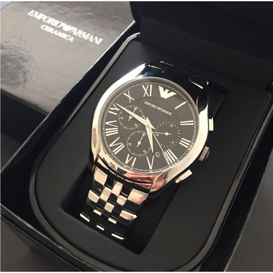 Armani手錶 阿瑪尼手錶男 阿曼尼手錶 AR男士商務休閒腕錶 計時防水不鏽鋼鏈銀色黑面三眼計時日曆男錶AR1786-細節圖5