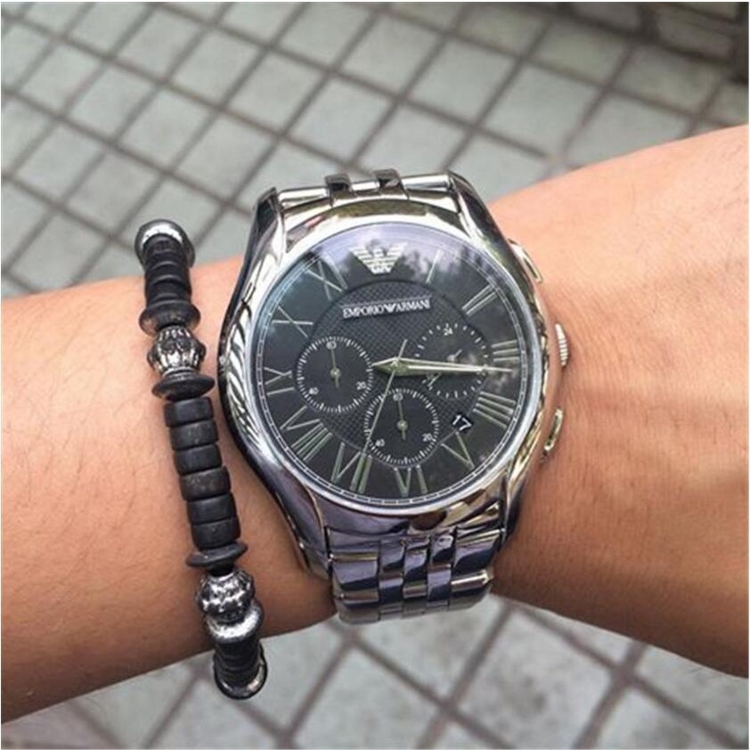 Armani手錶 阿瑪尼手錶男 阿曼尼手錶 AR男士商務休閒腕錶 計時防水不鏽鋼鏈銀色黑面三眼計時日曆男錶AR1786-細節圖6