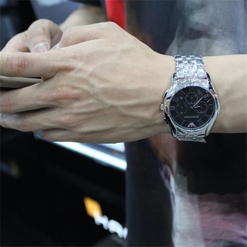 Armani手錶 阿瑪尼手錶男 阿曼尼手錶 AR男士商務休閒腕錶 計時防水不鏽鋼鏈銀色黑面三眼計時日曆男錶AR1786-細節圖8