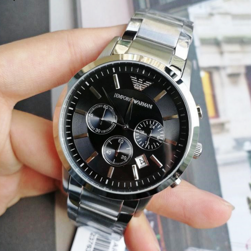 ARMANI手錶 男生手錶 阿瑪尼手錶 經典款黑面銀色鋼鏈商務防水男錶 三眼日曆石英錶AR2434