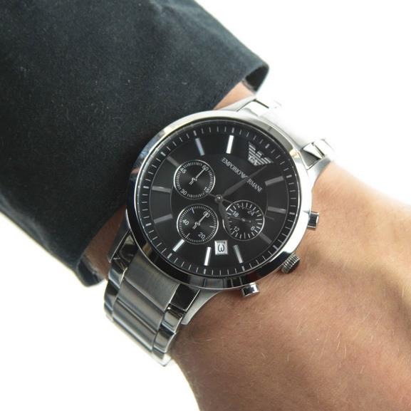 ARMANI手錶 男生手錶 阿瑪尼手錶 經典款黑面銀色鋼鏈商務防水男錶 三眼日曆石英錶AR2434-細節圖4