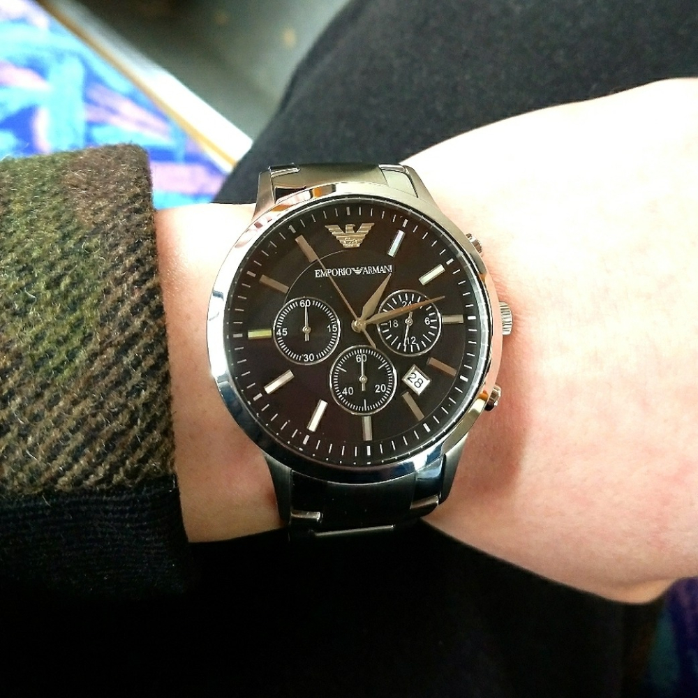 ARMANI手錶 男生手錶 阿瑪尼手錶 經典款黑面銀色鋼鏈商務防水男錶 三眼日曆石英錶AR2434-細節圖5