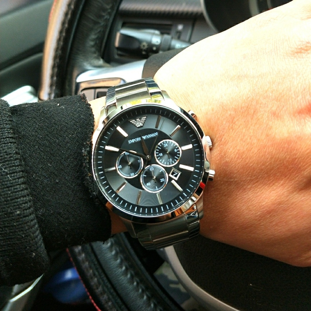 ARMANI手錶 男生手錶 阿瑪尼手錶 經典款黑面銀色鋼鏈商務防水男錶 三眼日曆石英錶AR2434-細節圖6