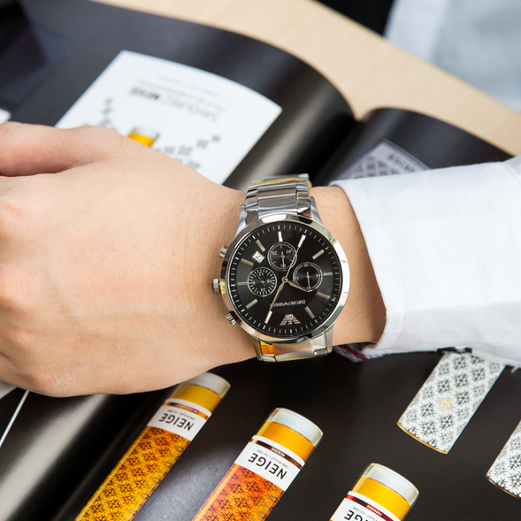 ARMANI手錶 男生手錶 阿瑪尼手錶 經典款黑面銀色鋼鏈商務防水男錶 三眼日曆石英錶AR2434-細節圖7