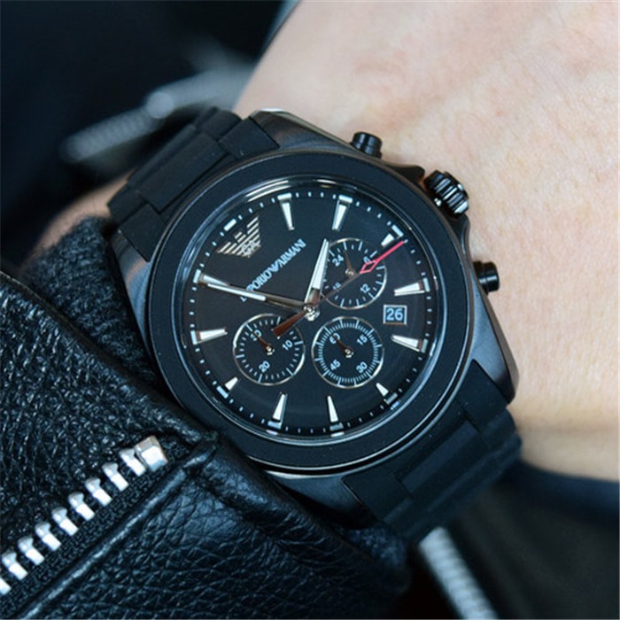 Armani手錶男阿曼尼手錶Sigma Black 黑色膠包鋼錶帶三眼計時日曆休閒男