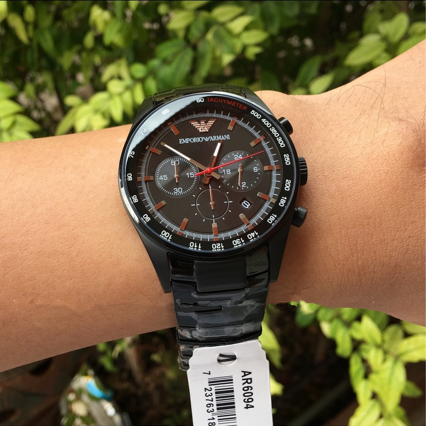 男生手錶 鋼帶錶 Armani手錶 阿曼尼手錶 AR三眼計時酷黑石英錶 黑色不鏽鋼鏈商務休閒男錶AR6094-細節圖2