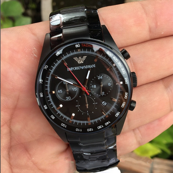 男生手錶 鋼帶錶 Armani手錶 阿曼尼手錶 AR三眼計時酷黑石英錶 黑色不鏽鋼鏈商務休閒男錶AR6094-細節圖5