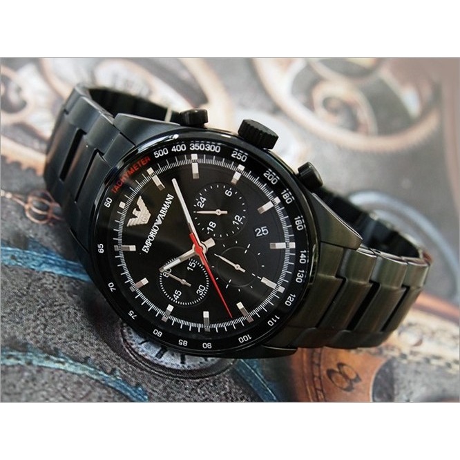 男生手錶 鋼帶錶 Armani手錶 阿曼尼手錶 AR三眼計時酷黑石英錶 黑色不鏽鋼鏈商務休閒男錶AR6094-細節圖7