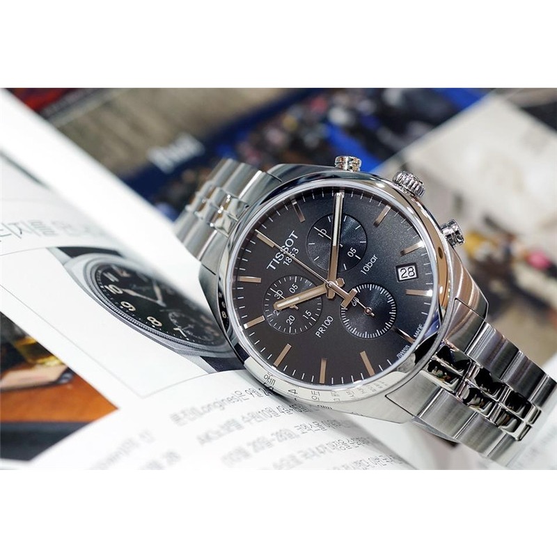 Tissot手錶 天梭手錶 PR100 T101.417.11.051.00 不鏽鋼鏈三眼日曆瑞士石英男錶防水100米-細節圖4
