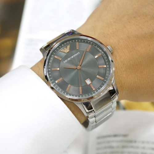 Armani手錶 阿曼尼手錶 阿瑪尼手錶 不鏽鋼鏈淺灰色男錶 商務休閒時尚防水三眼計時日曆石英錶AR2514