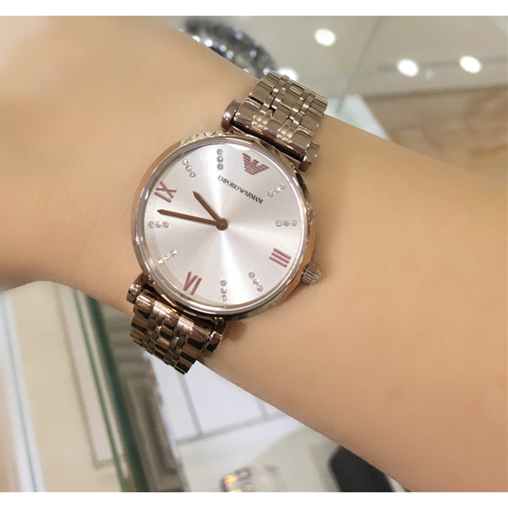 女生手錶 阿曼尼Armani手錶 新款簡約鋼鏈水鑽時尚精美時尚潮流石英女錶 香檳金色AR11059-細節圖2