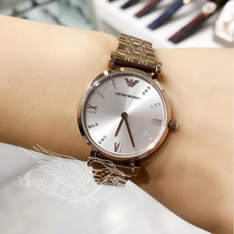 女生手錶 阿曼尼Armani手錶 新款簡約鋼鏈水鑽時尚精美時尚潮流石英女錶 香檳金色AR11059-細節圖3