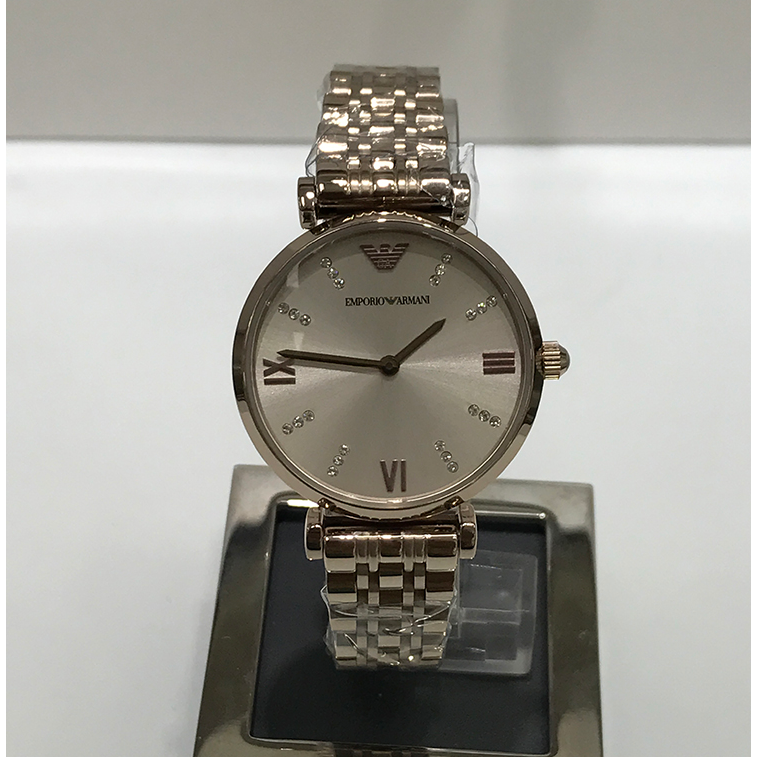 女生手錶 阿曼尼Armani手錶 新款簡約鋼鏈水鑽時尚精美時尚潮流石英女錶 香檳金色AR11059-細節圖4