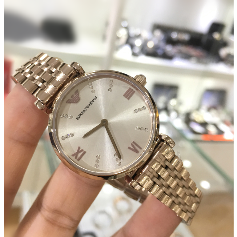 女生手錶 阿曼尼Armani手錶 新款簡約鋼鏈水鑽時尚精美時尚潮流石英女錶 香檳金色AR11059-細節圖5