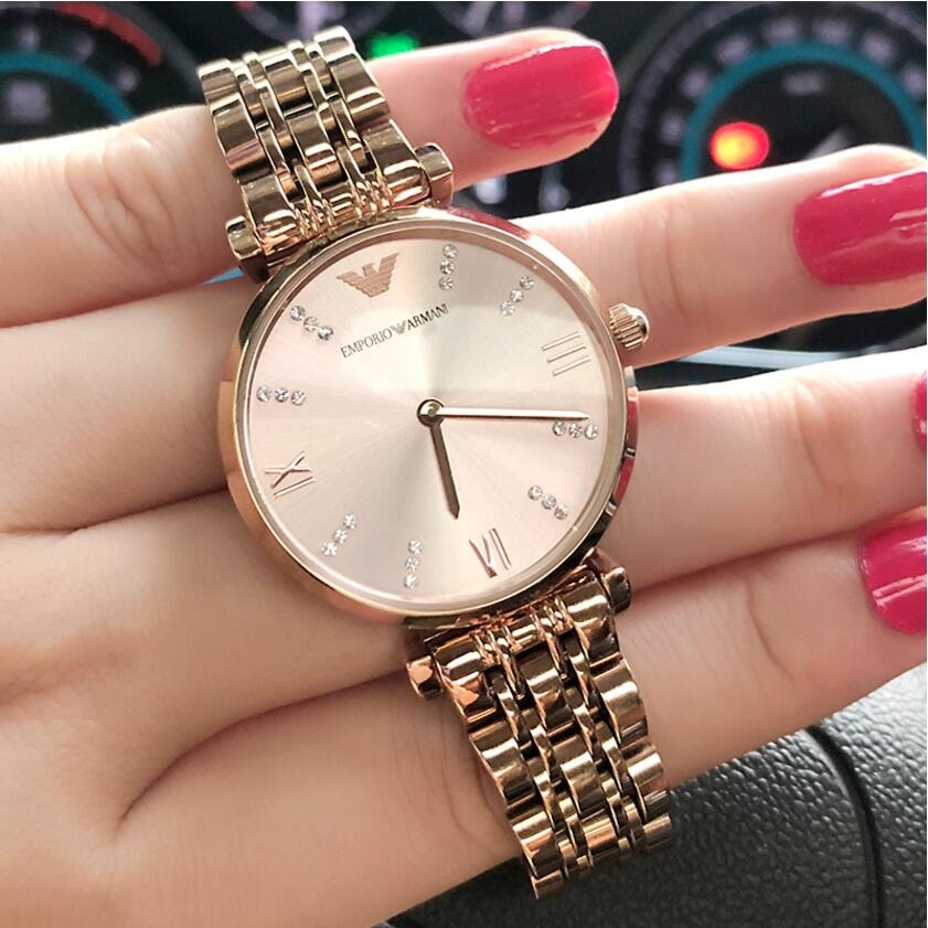 女生手錶 阿曼尼Armani手錶 新款簡約鋼鏈水鑽時尚精美時尚潮流石英女錶 香檳金色AR11059-細節圖6