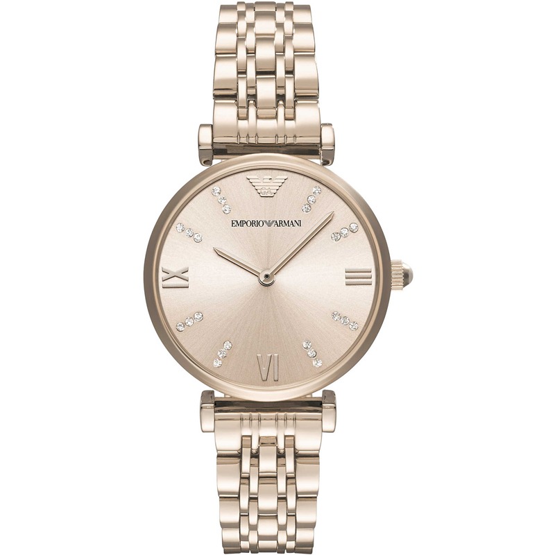 女生手錶 阿曼尼Armani手錶 新款簡約鋼鏈水鑽時尚精美時尚潮流石英女錶 香檳金色AR11059-細節圖7