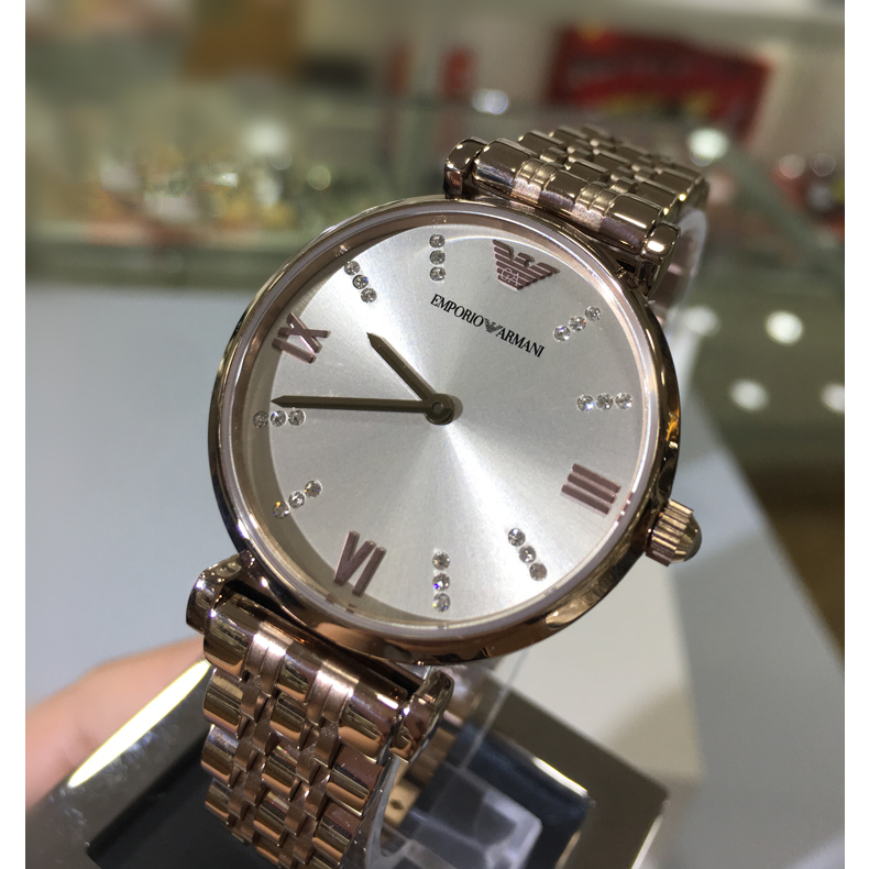 女生手錶 阿曼尼Armani手錶 新款簡約鋼鏈水鑽時尚精美時尚潮流石英女錶 香檳金色AR11059-細節圖8