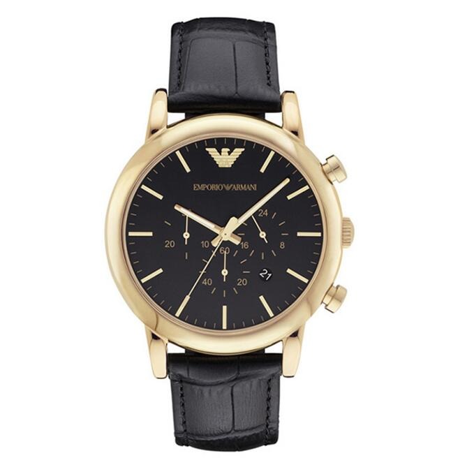 Emporio Armani手錶 阿瑪尼手錶 男生手錶 大直徑金框黑面真皮三眼計時日曆男錶 商務休閒石英錶AR1917-細節圖2