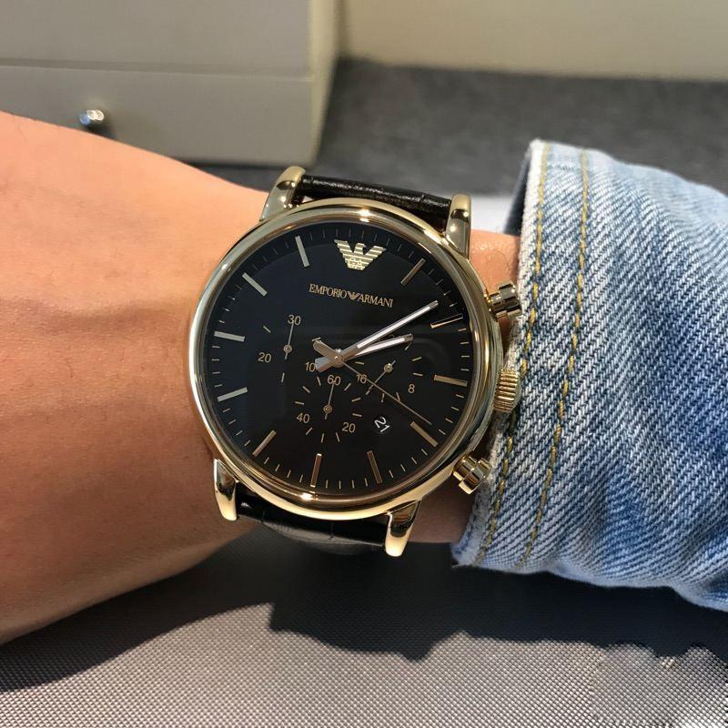 Emporio Armani手錶 阿瑪尼手錶 男生手錶 大直徑金框黑面真皮三眼計時日曆男錶 商務休閒石英錶AR1917-細節圖5