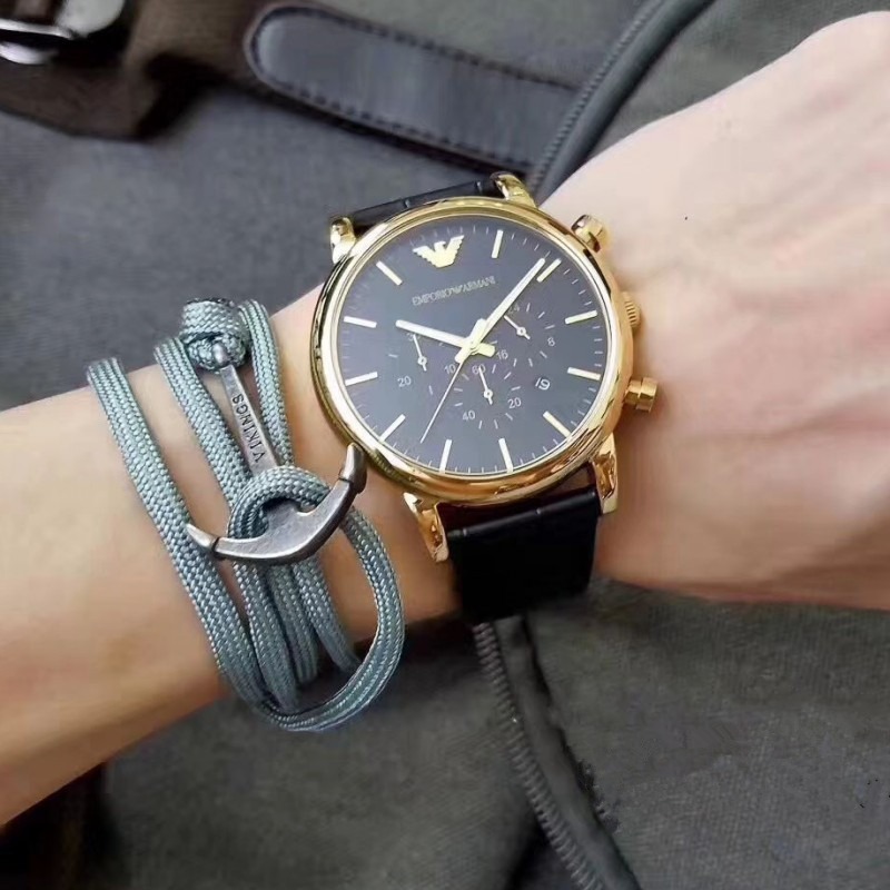 Emporio Armani手錶 阿瑪尼手錶 男生手錶 大直徑金框黑面真皮三眼計時日曆男錶 商務休閒石英錶AR1917-細節圖6