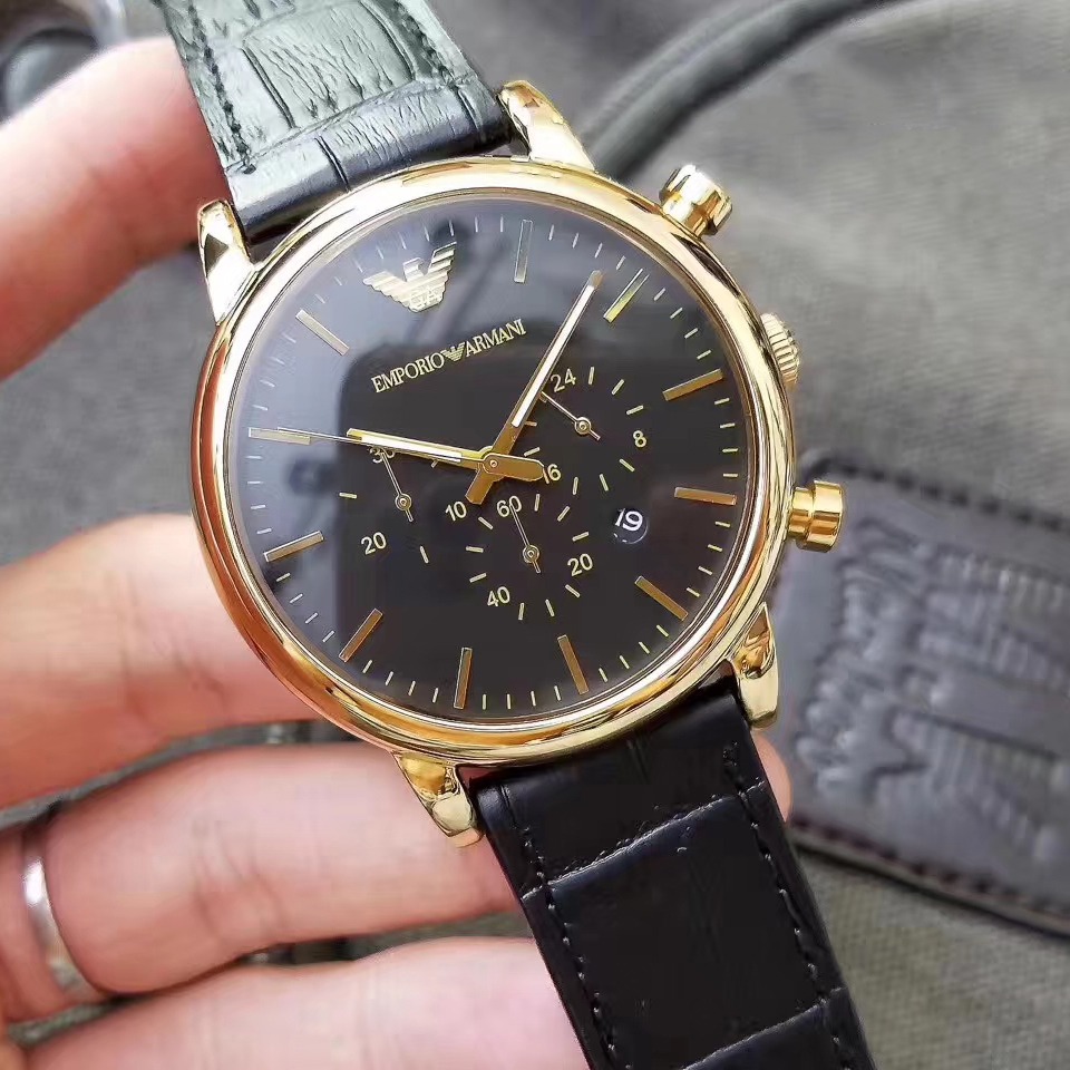 Emporio Armani手錶 阿瑪尼手錶 男生手錶 大直徑金框黑面真皮三眼計時日曆男錶 商務休閒石英錶AR1917-細節圖7