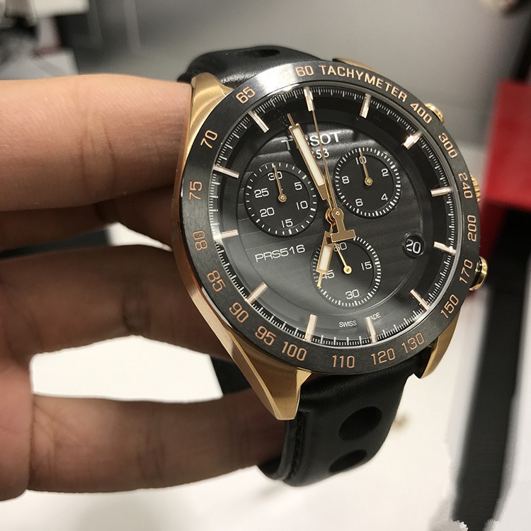 天梭Tissot手錶 PRS516 皮帶款三眼計時日曆防水男錶 休閒石英錶T100.417.36.051.00-細節圖4