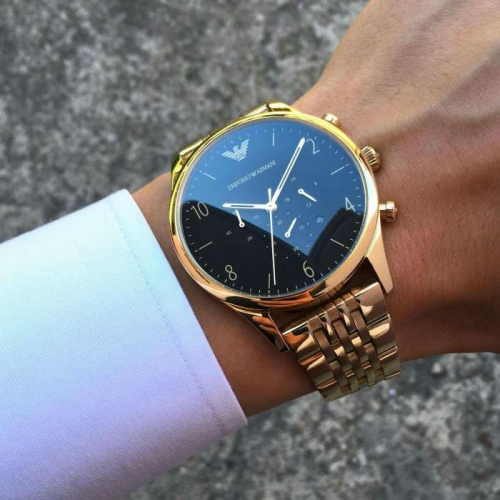Armani手錶 阿曼尼手錶 時尚休閒男錶 男士手錶AR1893 AR1942 金色鋼鏈三眼計時手錶 石英錶 男士腕錶