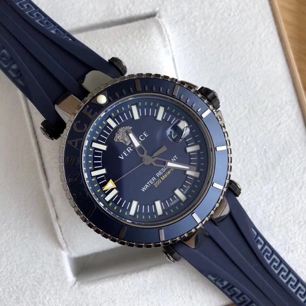 VERSACE手錶 凡賽斯手錶 時尚運動男錶 200m鎖把深度防水潛水錶 深藍色硅膠錶帶休閒運動超酷男士腕錶 藍寶石鏡面-細節圖3