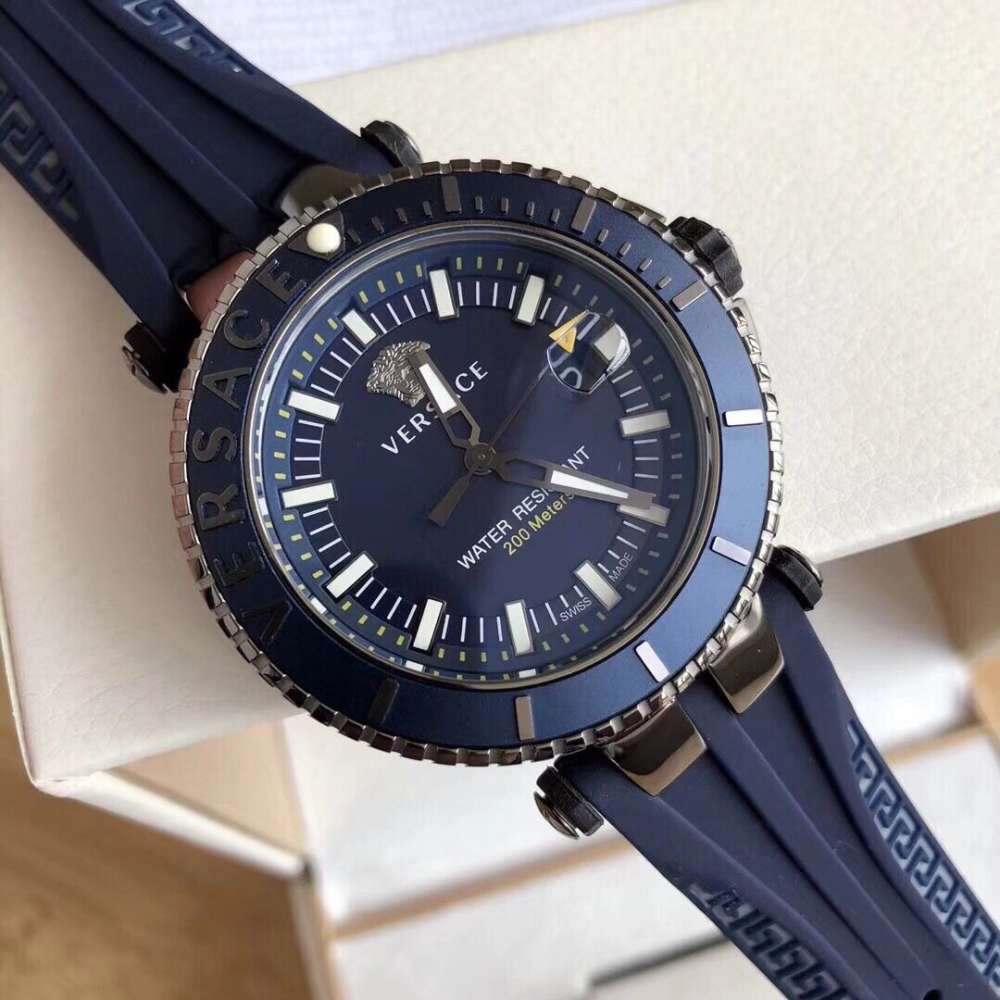 VERSACE手錶 凡賽斯手錶 時尚運動男錶 200m鎖把深度防水潛水錶 深藍色硅膠錶帶休閒運動超酷男士腕錶 藍寶石鏡面-細節圖4