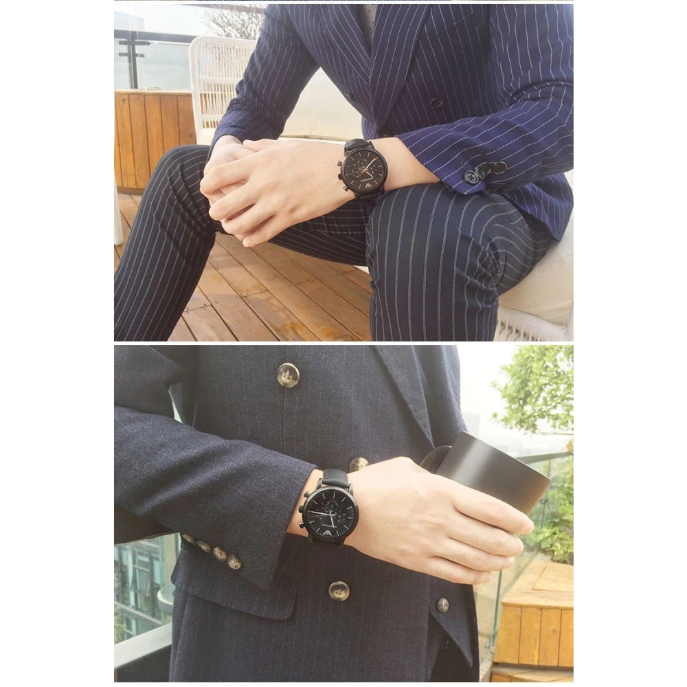 Armani手錶 男生手錶 阿曼尼手錶 新款黑色大錶盤 潮流時尚休閒黑色真皮錶帶男士手錶 石英男錶AR1970-細節圖5