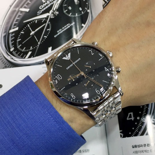 Armani手錶 阿曼尼手錶 男士不鏽鋼鏈三眼計時日曆防水石英錶 時尚簡約商務男錶AR1863