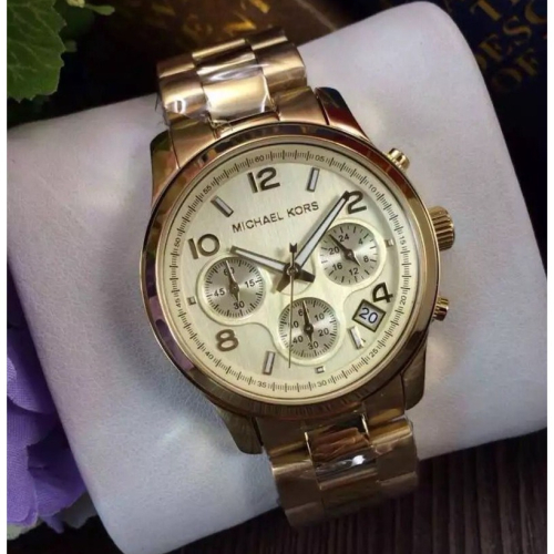 MICHAEL KORS手錶 大直徑手錶女 女生手錶 女錶 MK手錶 MK5055 金色不鏽鋼鏈三眼計時日曆防水石英錶