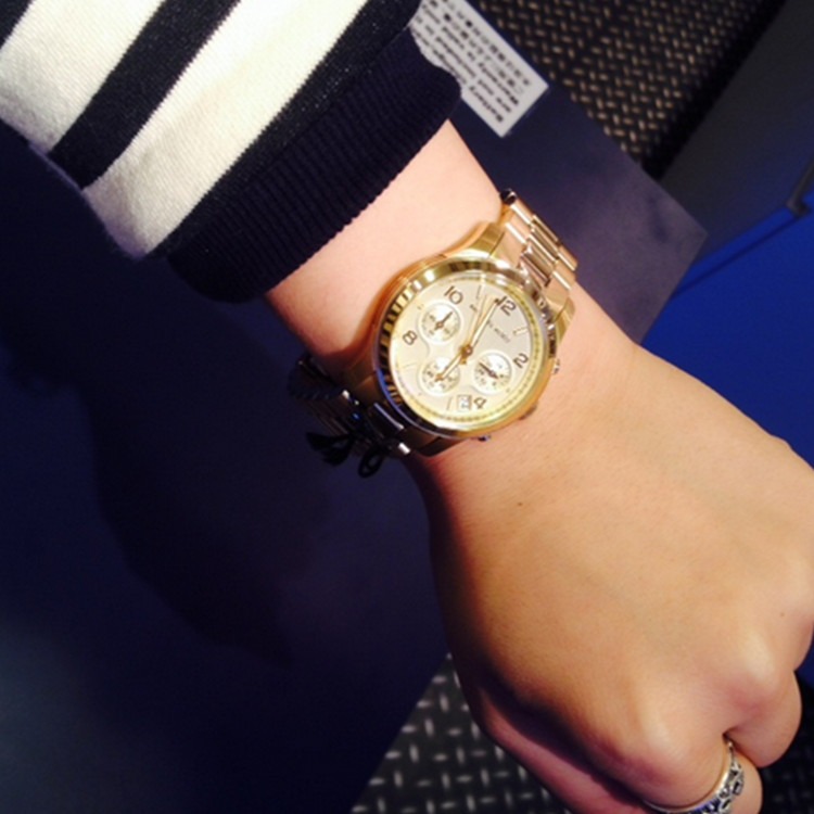 MICHAEL KORS手錶 大直徑手錶女 女生手錶 女錶 MK手錶 MK5055 金色不鏽鋼鏈三眼計時日曆防水石英錶-細節圖3