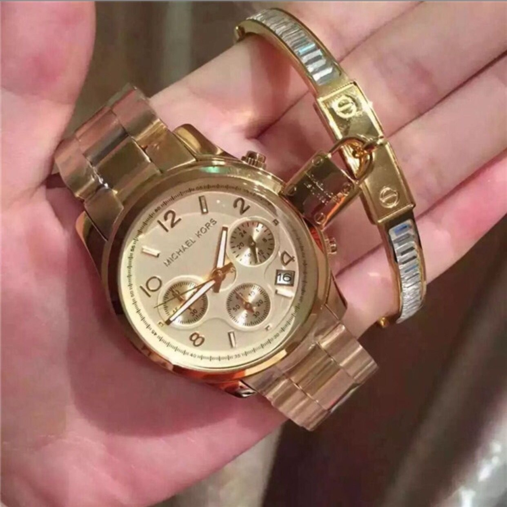 MICHAEL KORS手錶 大直徑手錶女 女生手錶 女錶 MK手錶 MK5055 金色不鏽鋼鏈三眼計時日曆防水石英錶-細節圖8