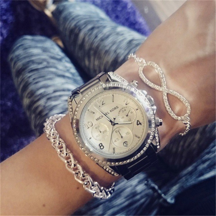 Michael kors手錶 時尚女錶 MK手錶 時尚鑲鑽圓盤女士腕錶 銀色 三眼計時日曆不鏽鋼鏈石英錶MK5165-細節圖4