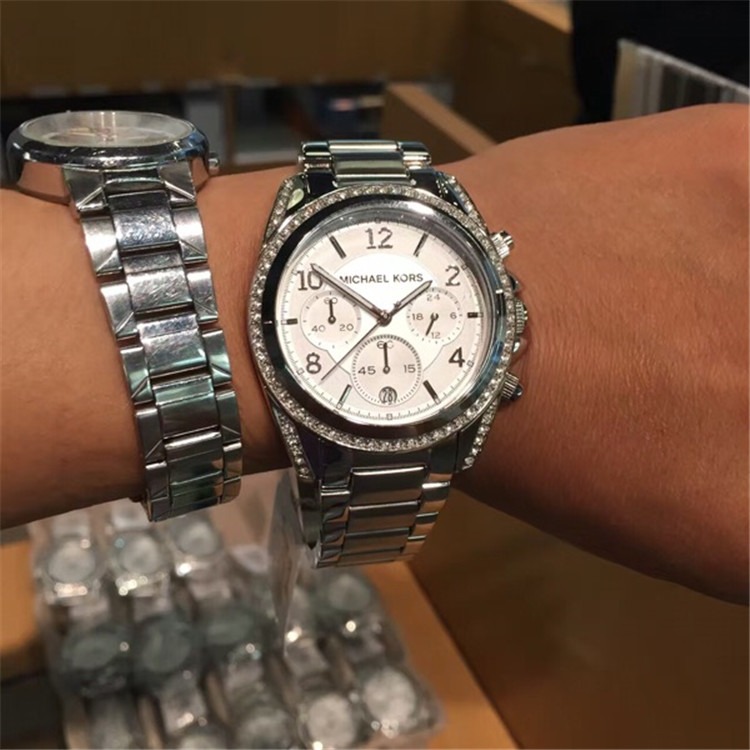 Michael kors手錶 時尚女錶 MK手錶 時尚鑲鑽圓盤女士腕錶 銀色 三眼計時日曆不鏽鋼鏈石英錶MK5165-細節圖8