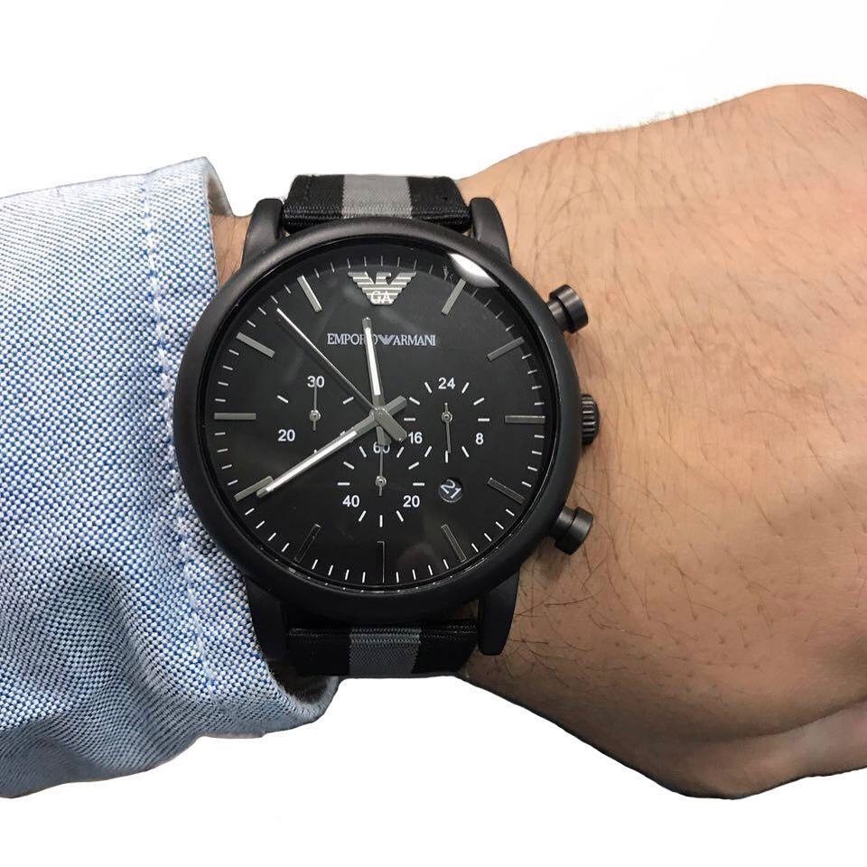 ARMANI手錶 阿瑪尼男錶 AR1948 帆布黑色條紋錶帶 三眼計時日曆休閒商務石英手錶-細節圖2