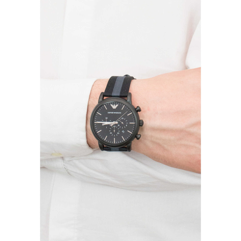 ARMANI手錶 阿瑪尼男錶 AR1948 帆布黑色條紋錶帶 三眼計時日曆休閒商務石英手錶-細節圖6