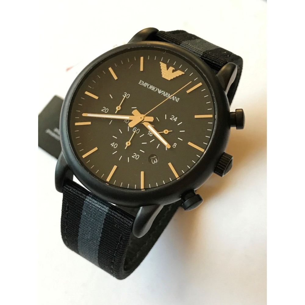 ARMANI手錶 阿瑪尼男錶 AR1948 帆布黑色條紋錶帶 三眼計時日曆休閒商務石英手錶-細節圖7
