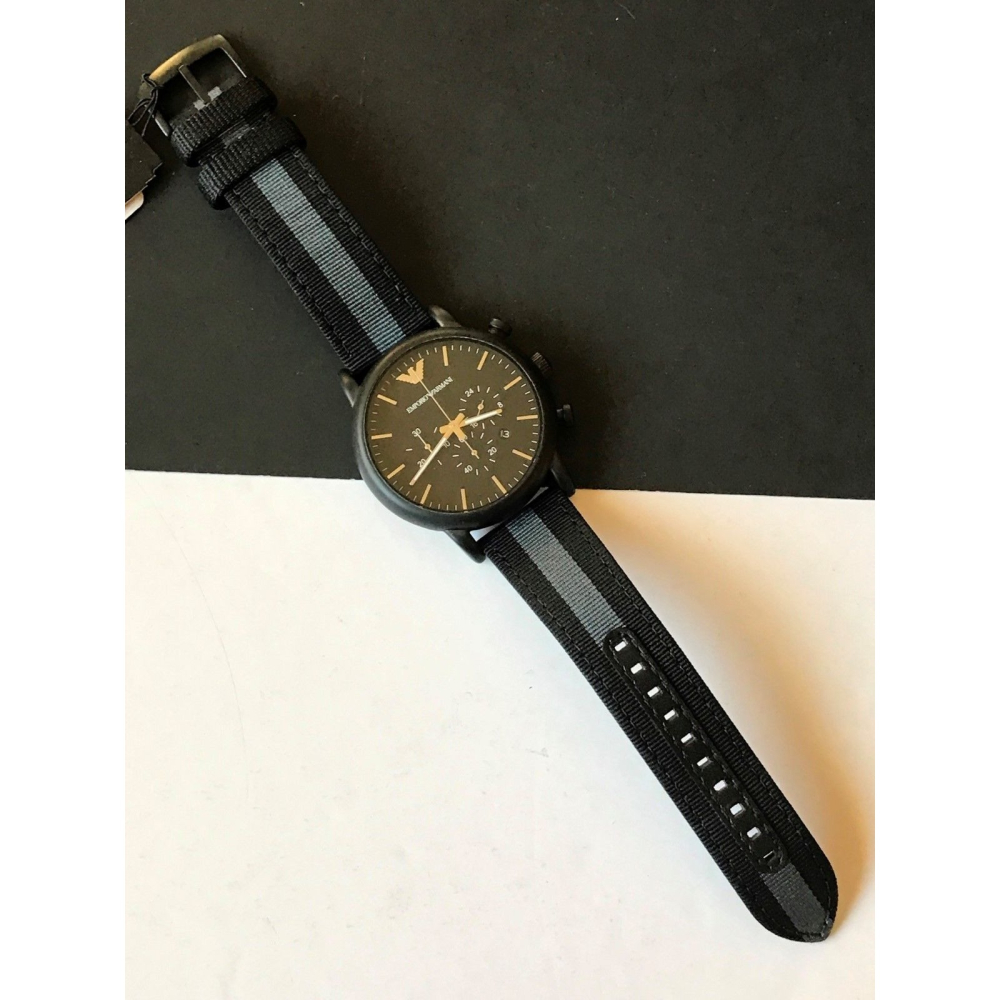 ARMANI手錶 阿瑪尼男錶 AR1948 帆布黑色條紋錶帶 三眼計時日曆休閒商務石英手錶-細節圖8