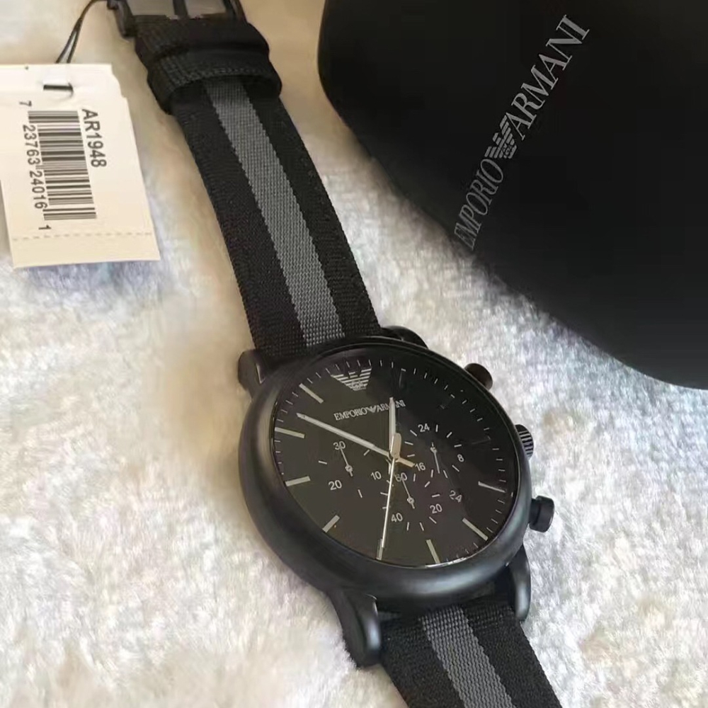 ARMANI手錶 阿瑪尼男錶 AR1948 帆布黑色條紋錶帶 三眼計時日曆休閒商務石英手錶-細節圖9