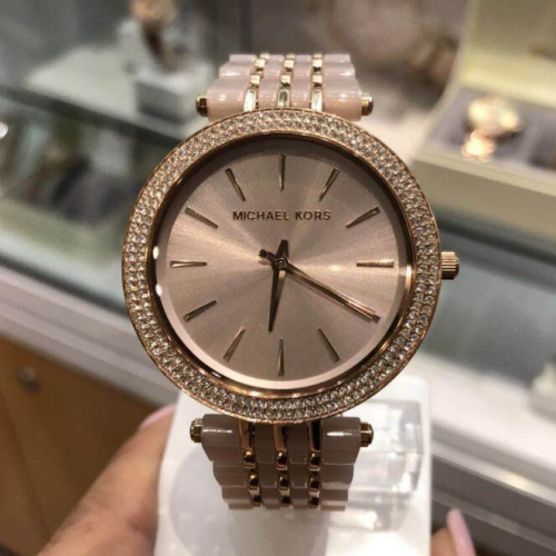 Michael Kors手錶 女生手錶 時尚休閒女錶 新款圓盤超薄時尚鑲鑽女生手錶 玫瑰金粉色間膠石英錶MK4327